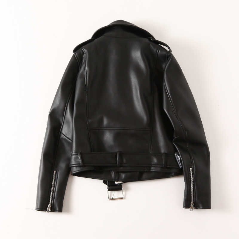 Ailegogo Autumn Women Black Pu Faux Leather Jacket Streetwear Moto Biker Slim Fit Turn Down Collar Coat Outwear with Belt 210909