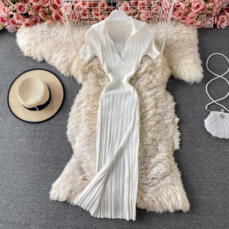 Sexy V-neck Short-sleeved Knit Bodycon Dres Casual Summer Slim Elastic High Split Mid-calf Ribbed Long Vestido 210623