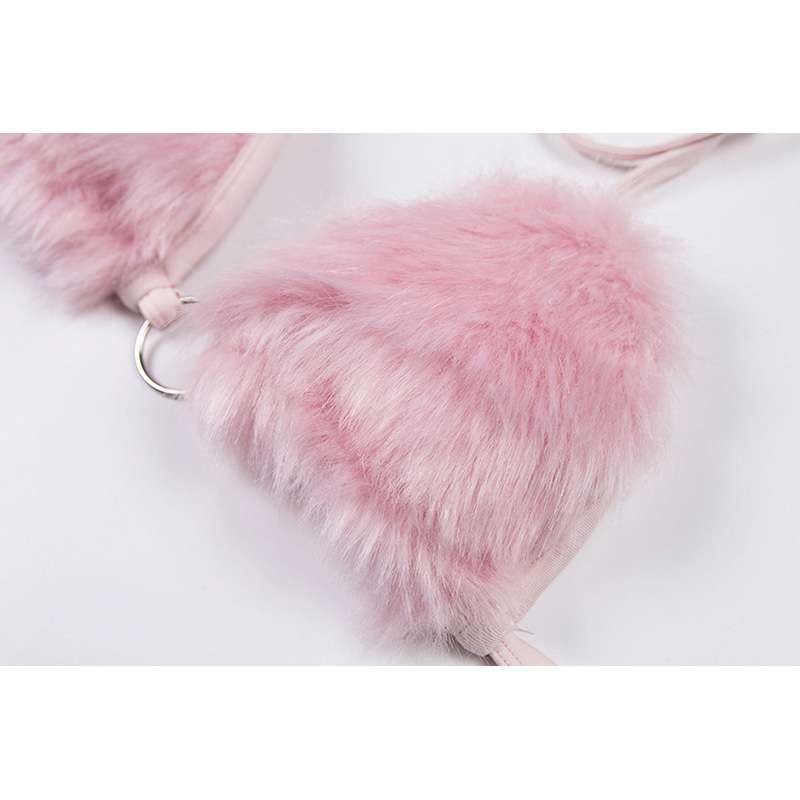 Pink Fluffy Faux Fur Camis Sexy Halter Bra Crop Top Women Backless Bandage Bralette Camisole Autumn Party Top Clubwear 210308