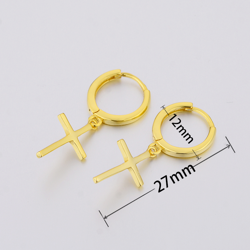 Women 925 Sterling Silver Gold Color Polishing Cross Dangle Hoop Earrings For Girls Fashion Luxury Round Jewelry Gift