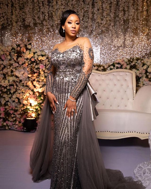 Size Plus Arabic Aso Ebi Grey Sparkly Mermaid Prom Dresses Lace Beaded Evening Formal Party Second Reception Birthday Engagement Gowns Dress ZJ