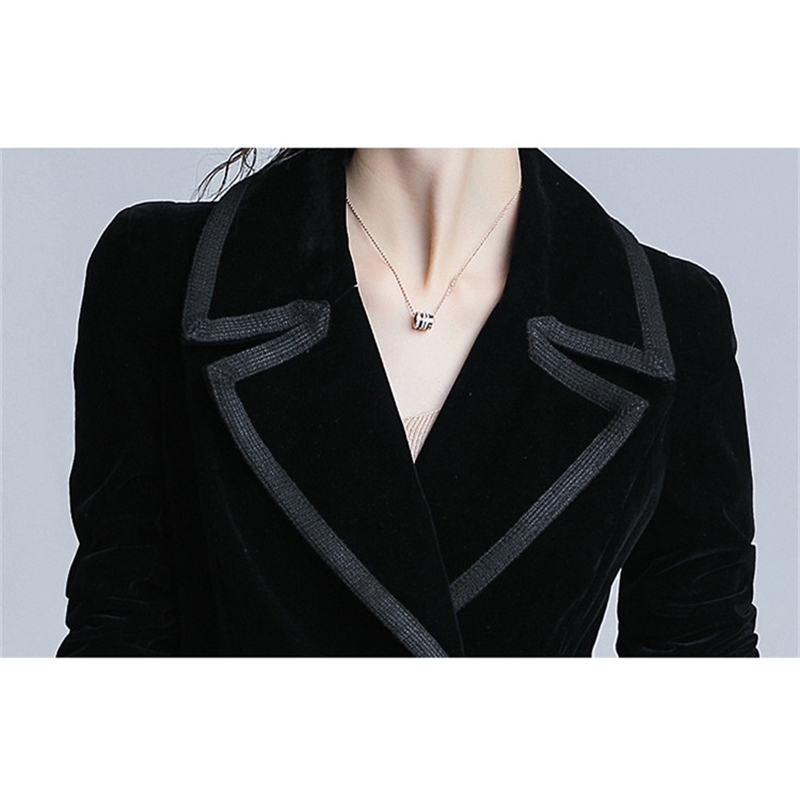 Autumn Winter Velvet Trench Coat Women Abrigo Mujer Long Elegant Notched Outwear Female Overcoat Slim Black Cardigan Trench T200828