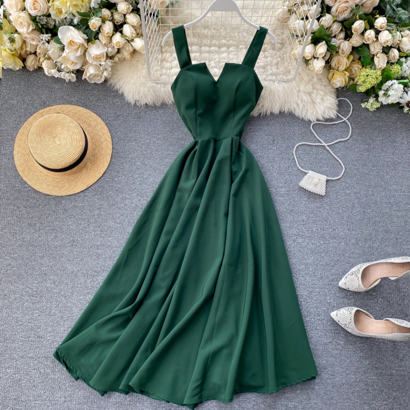 New Women V-neck Party Dress Summer Retro Solid Color High Waist Long Robe Ladies Slim Backless Bodycon Dress Vestidos 210309