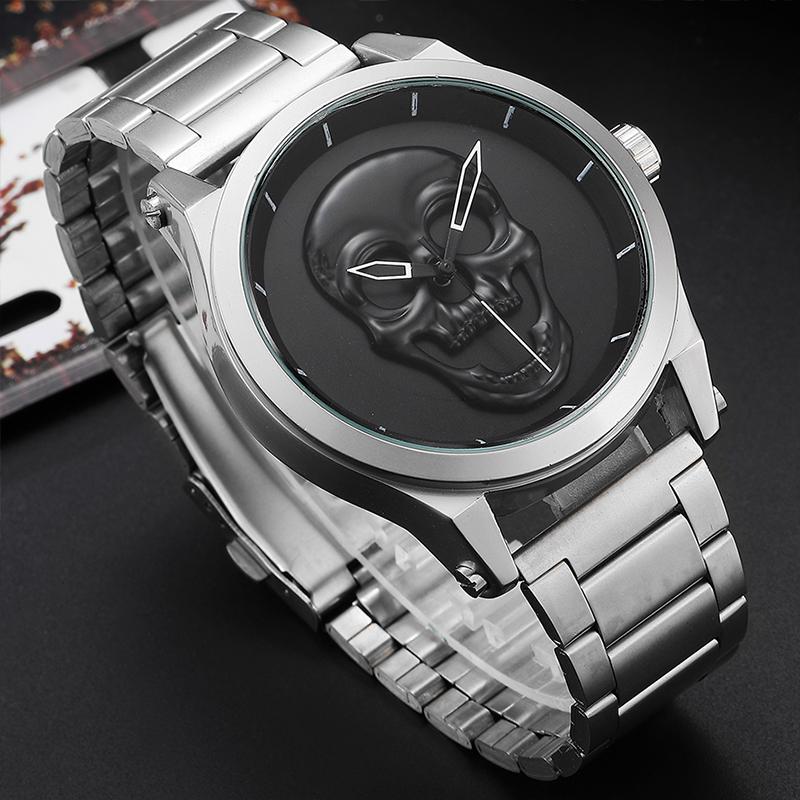 Wristwatches Sliver Black Quartz Watch Men 3D Pattern Gold Stainless Steel Steampunk Rock Engraved Cool Mexico Man Reloj Hombre, Men skull watch
Wristwatches Sliver Black Quartz Watch Men 3D Pattern Gold Stainless Steel Steampunk Rock Engraved Cool Mexico Man Reloj Hombre, Men skull watch