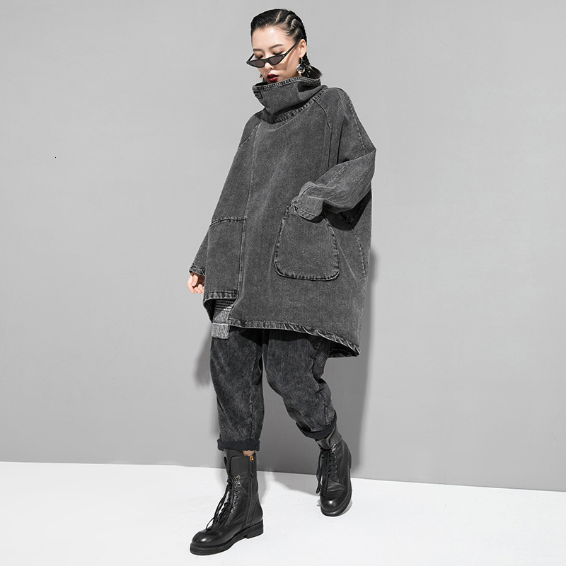 [EAM] Loose Fit Black Denim Oversized Sweatshirt New High Collar Long Sleeve Women Big Size Fashion Spring Autumn 1K166 201106
