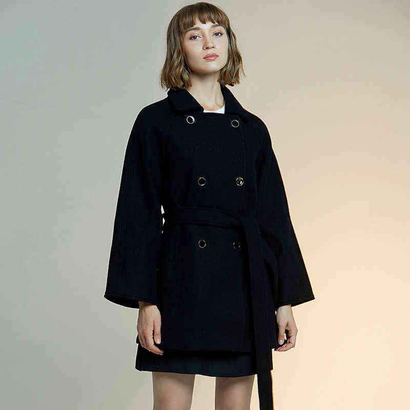 women's European and American style light mature pure color double row button woolen coat 211130