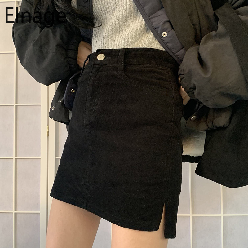 Korea Style Chic Retro Faldas High Waist Slim Jupe Femme Wrap Hip Skirts Blue Split Corduroy Black A-line Skirt Women Mini 5B160 210309