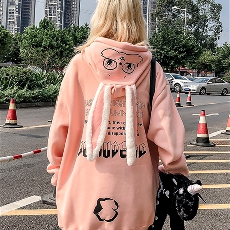 Autumn Winter Thicken Rabbit Ears Hooded Sweatshirt Casual Couple Personality Oversized Cotton Hoodie Men Women 201020