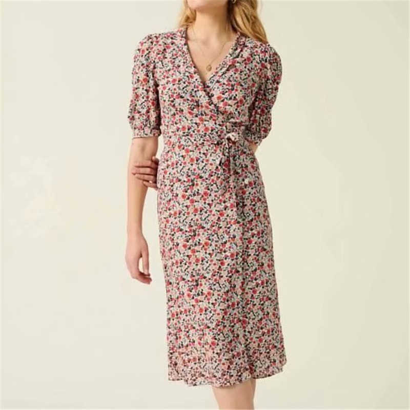 Elegant Women V-Neck Floral Print Dress Fashion Ladies Puff Sleeve Vintage Female Chic Asymmetric es 210527