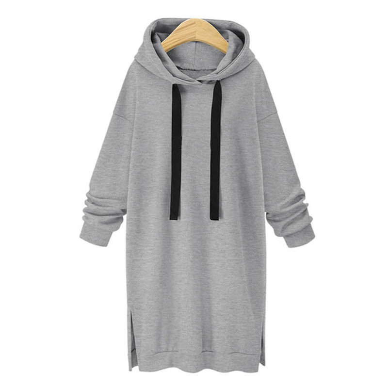 Autumn Winter Women Hoodies Casual Side Split Long Sleeve Slim Plus Thick Sweatshirt Dress Pullover Long Drawstring Hoodie 201102