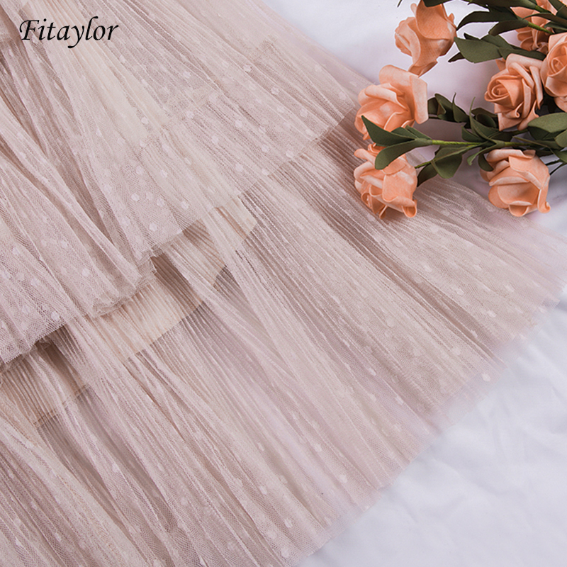 Fitaylor Spring Sweet Cake Layered Long Mesh Skirts Princess High Waist Ruffled Vintage Tiered Tulle Pleated ins Skirts 210306