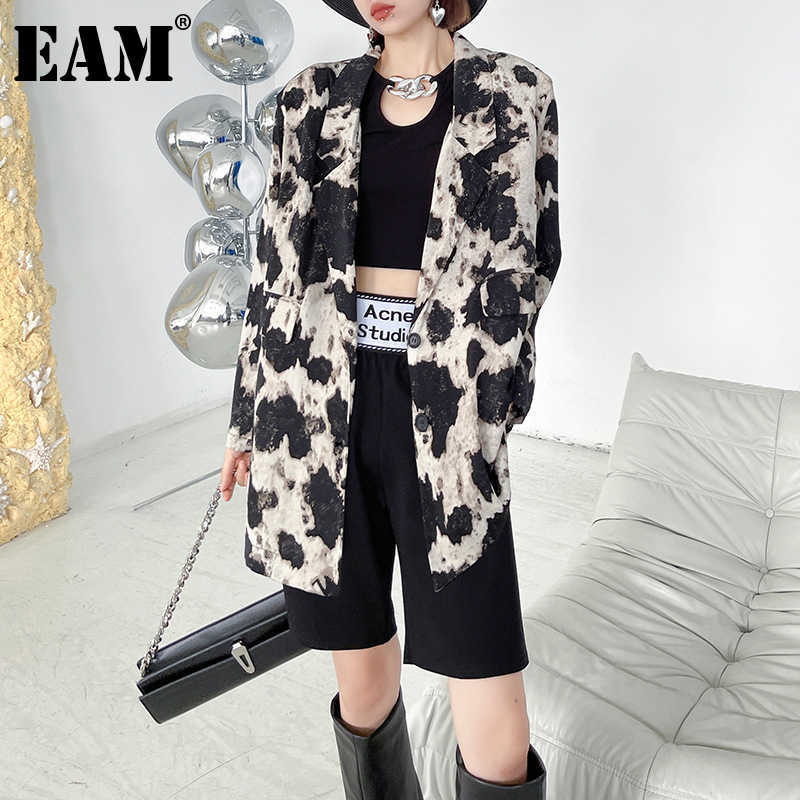 [EAM] Women Pattern Printed Big Size Thin Blazer Lapel Long Sleeve Loose Fit Jacket Fashion Spring Summer 1DE1526 210930