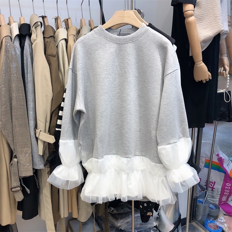 [EWQ] Autumn Ladies Stitching Mesh Flared Sleeves Loose Long-sleeved Sweatshirt Contrast Color Ruffled Thick Tops For Women 201102