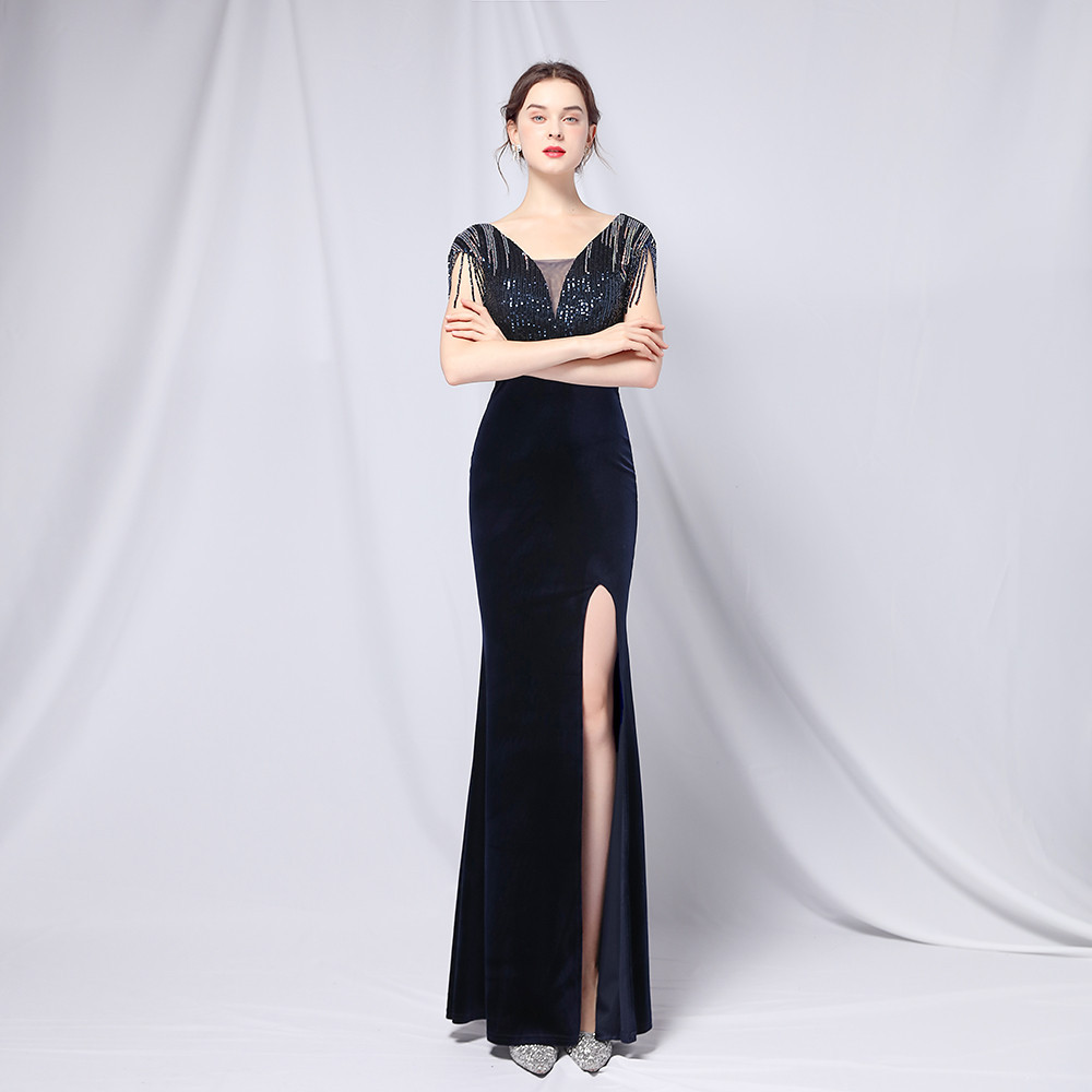 Wine Red Beaded Velvet Prom Party Dresses Tassel Sparkly V-neck Mermaid Full length Evening Dress Koftan Doubai robes de soirée