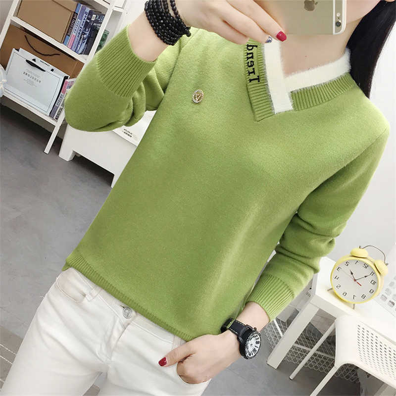 Plus thick V-Neck slim sweater women letter fashion lettter print knitted pullover winter warm patchwork skinny tops female 210918