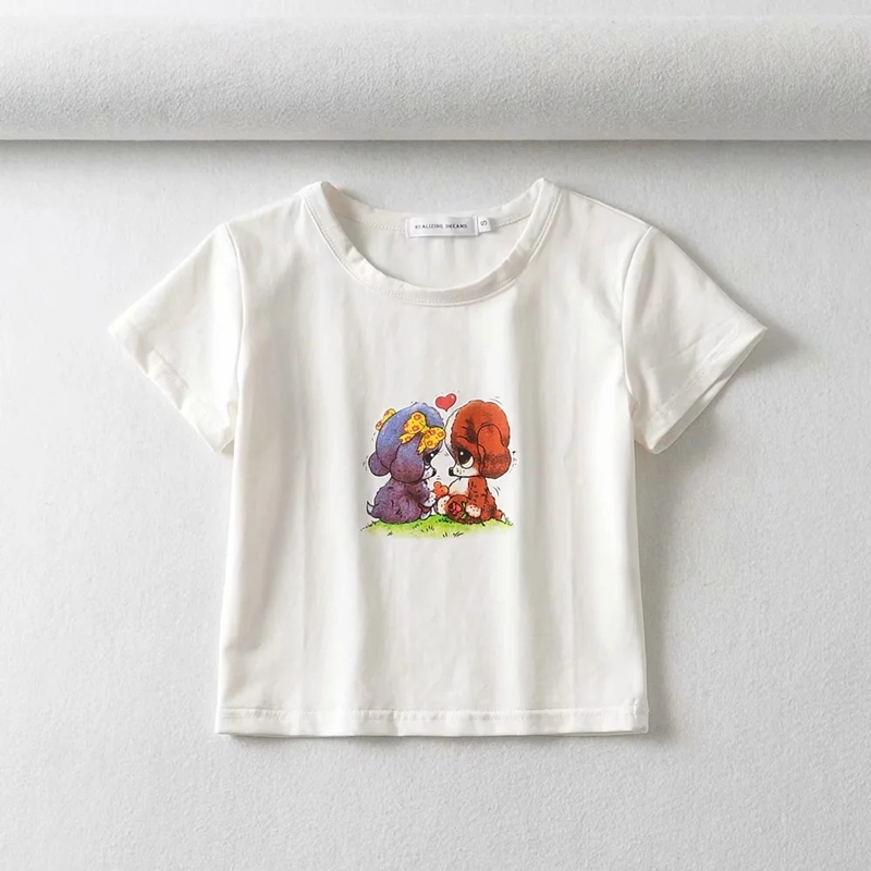 Women Cartoon Puppy Print Crop Tee Short Sleeved Fit Crop T-shirt 210306