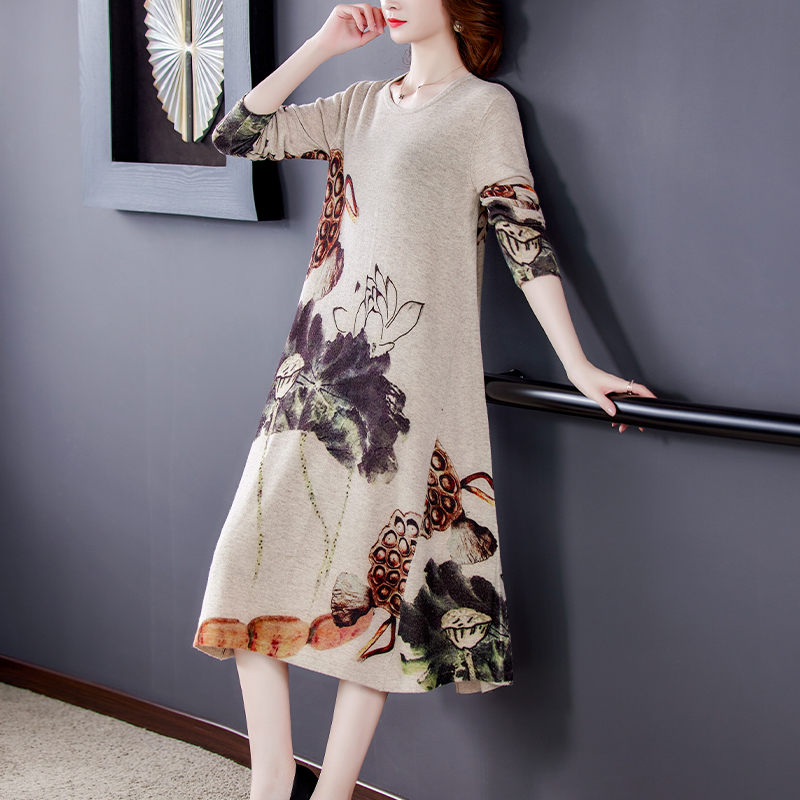 Autumn Winter Casual Vintage Warm Floral Knited Sweater Dress Print 3XL Plus Size Women Elegant Bodycon Long Wool Sweaters 210218