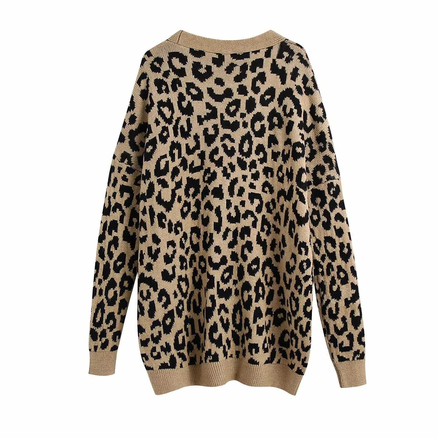 Fall Winter Women Knit Cardigan Lepard Printed V-neck Long Sleeves Sweater Casual Fashion Chic Woman Knitted Coat 210709