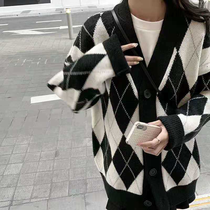Knitted Sweater Cardigan Woman Coat Diamond Jumpers Long Sleeve Top Female Loose Pink Black Argyle Women Antumn 210914