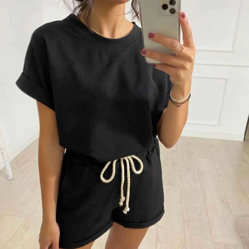 Solid Summer Women's Suit Two Pieces Tracksuit Short Sleeve Sports Suits Women Casual Tracksuits Elastic Waist Lady Set 210709