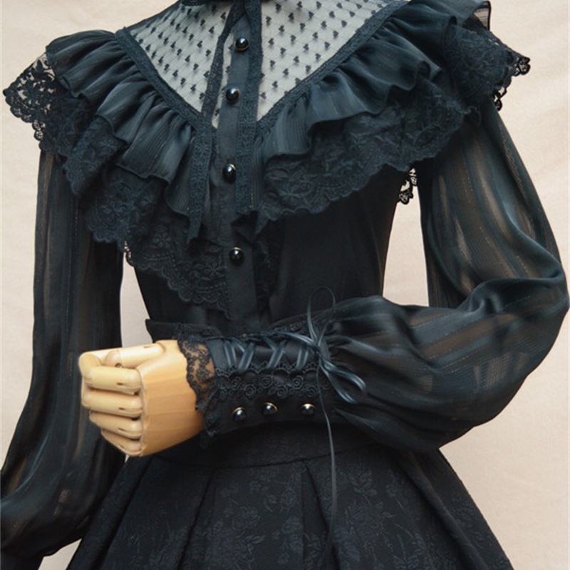 Royal Vintage Illusion Neck Women's Chiffon Blouse Gothic Sheer Long Lantern Sleeve Blouse with Ruffles T200321