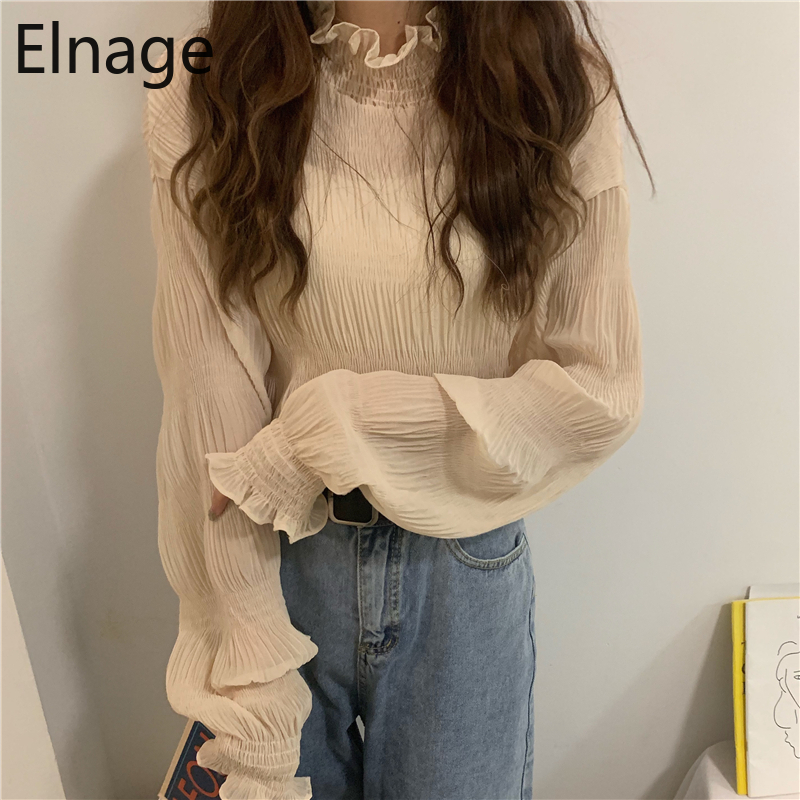 Elnage Spring New Korean Loose Half High Collar Bottoming Trumpet Long Sleeve Blouse with Lace Shirt for Women 5A176 210225
