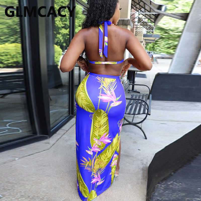 Tropical Printed Summer Beach Dress Halter V Neck Backless Party Dress 210702