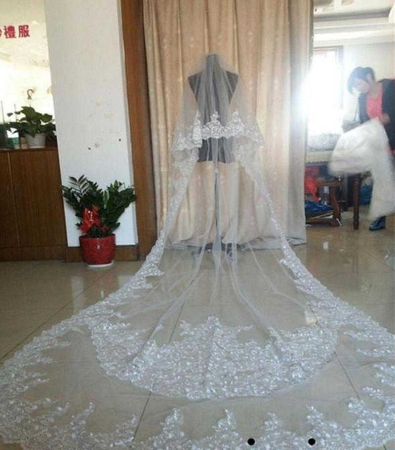 Bridal Veils Real Image Wedding Long Lace Applique Crystals Two Layers Cathedral Length Blusher Veil