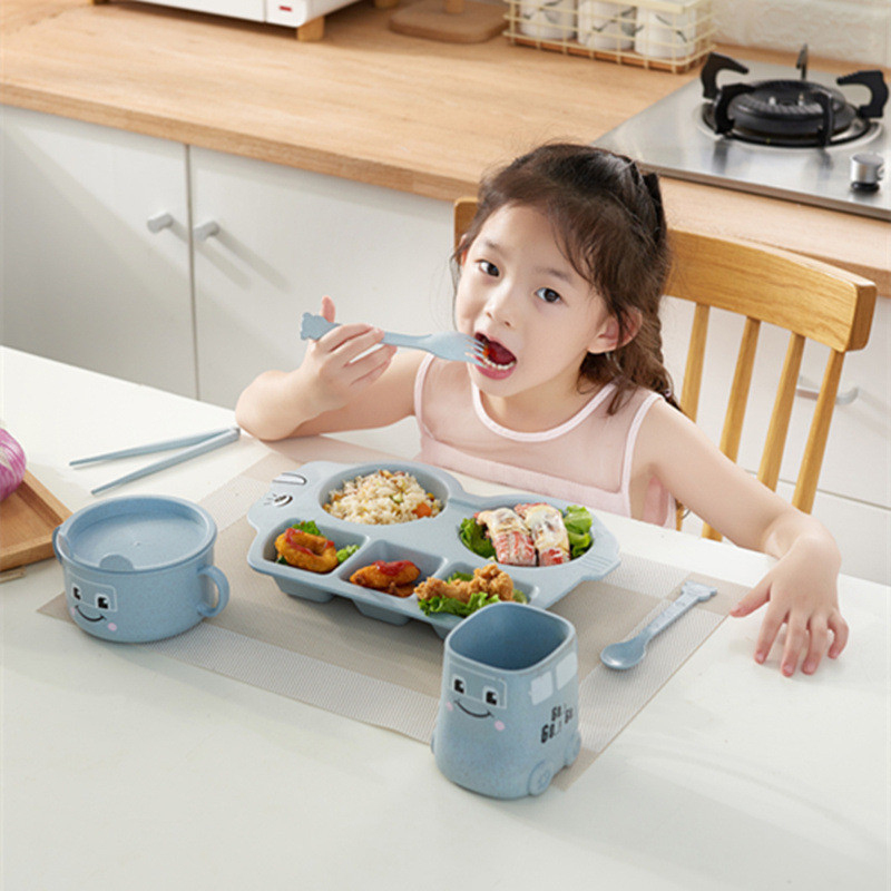 6pcs/set Baby Bamboo Fiber Dishes Creative Car Shape Plate Divided Children Tableware Kid Food Plate Baby Learning Dishes Cup 210226