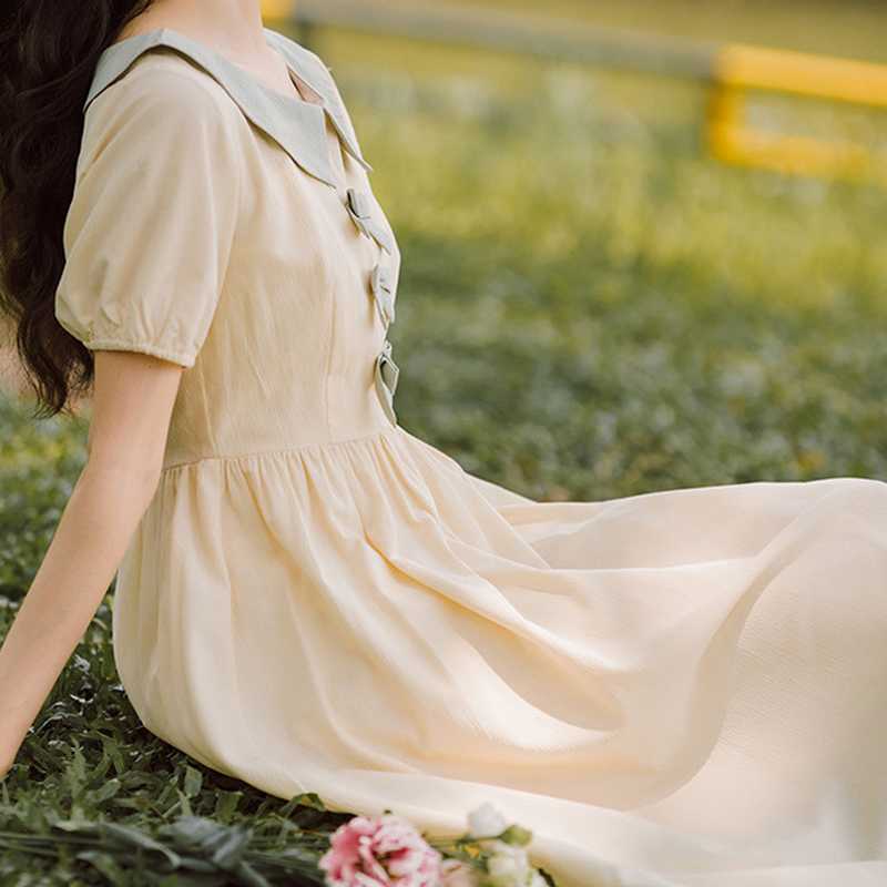 Summer Sweet Preppy Style Dresses for Women Bow Decoration Peter Pan Collar Elegant Fresh Silm Waist Vestidos 210525