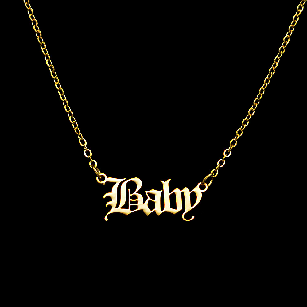 30PCS Old English Letter Word Baby Necklaces Stainless Steel Initial Alphabet Name Logo Pendant Charm Chain Minimalist Collar Choker Jewelry for Women