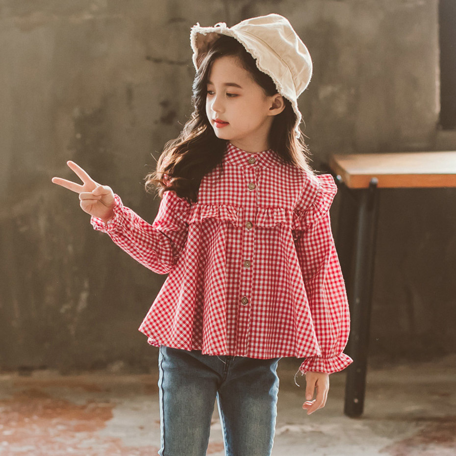 Girls Blouse Plaid Pattern Blouse Girl In School Ruffle Blouse Long Sleeve Spring Autumn Children Shirt 210306
