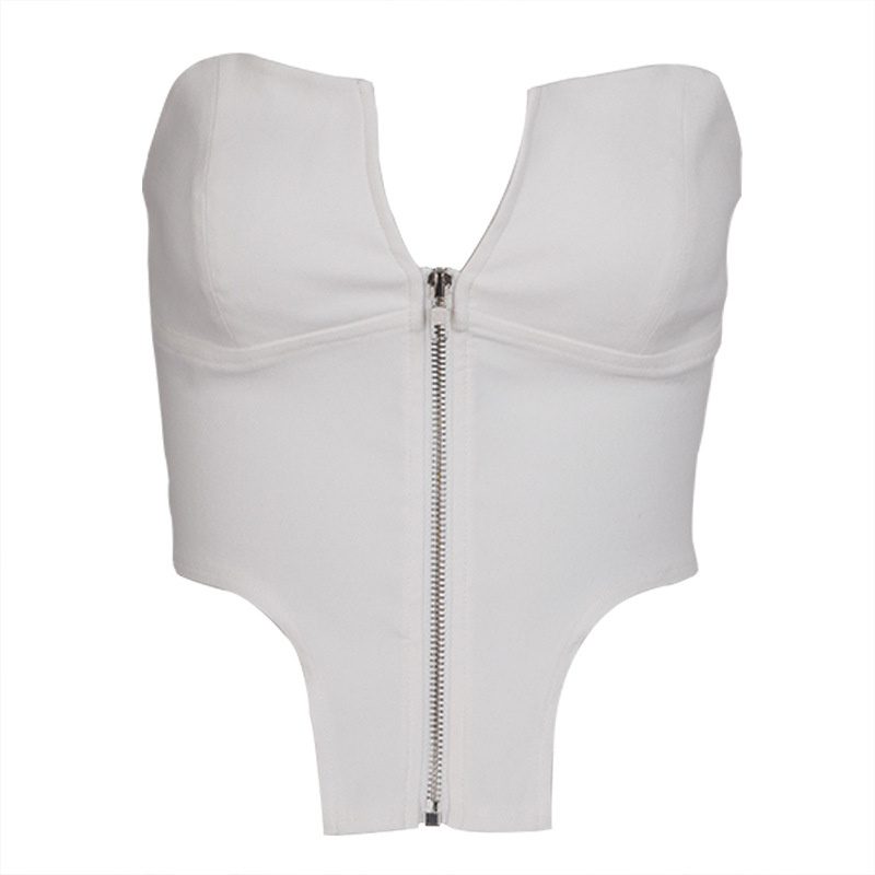 Women Tank Tops Deep V Neck Sleeveless Corset Zipper Black Crop All Match Sexy Summer Tanks White 210524