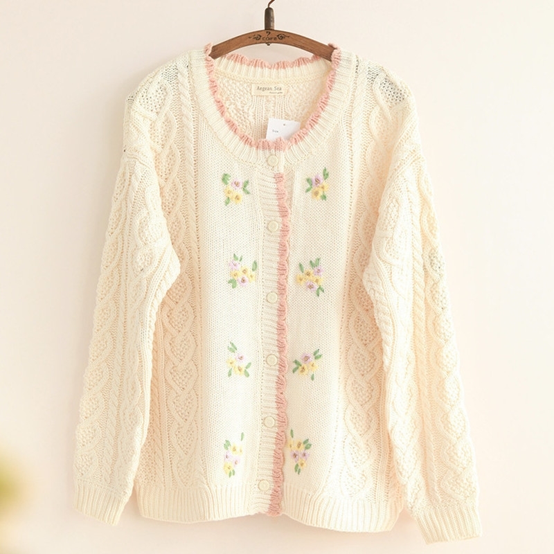 Mori Girl Sweet Floral Thick Warm Sweater Spring Autumn Women Knitted Cardigans Girl's Twist Crochet Knitted Sweater Coat 210218