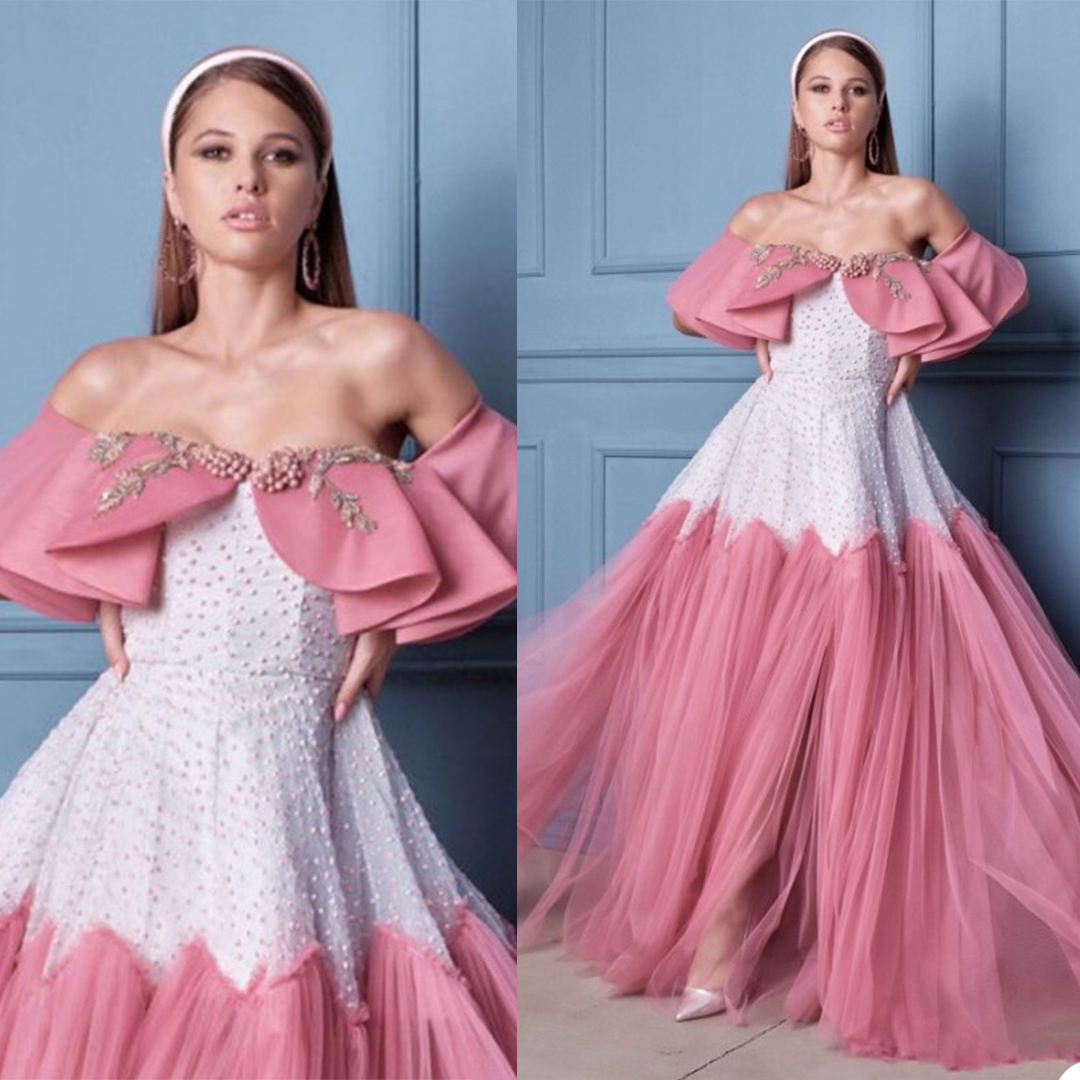 Princess Pink A Line Prom Dresses Beads Appliqued Off Shoulder Evening Dresses Dubai Arabic Sweep Train Custom Made Pageant Gown