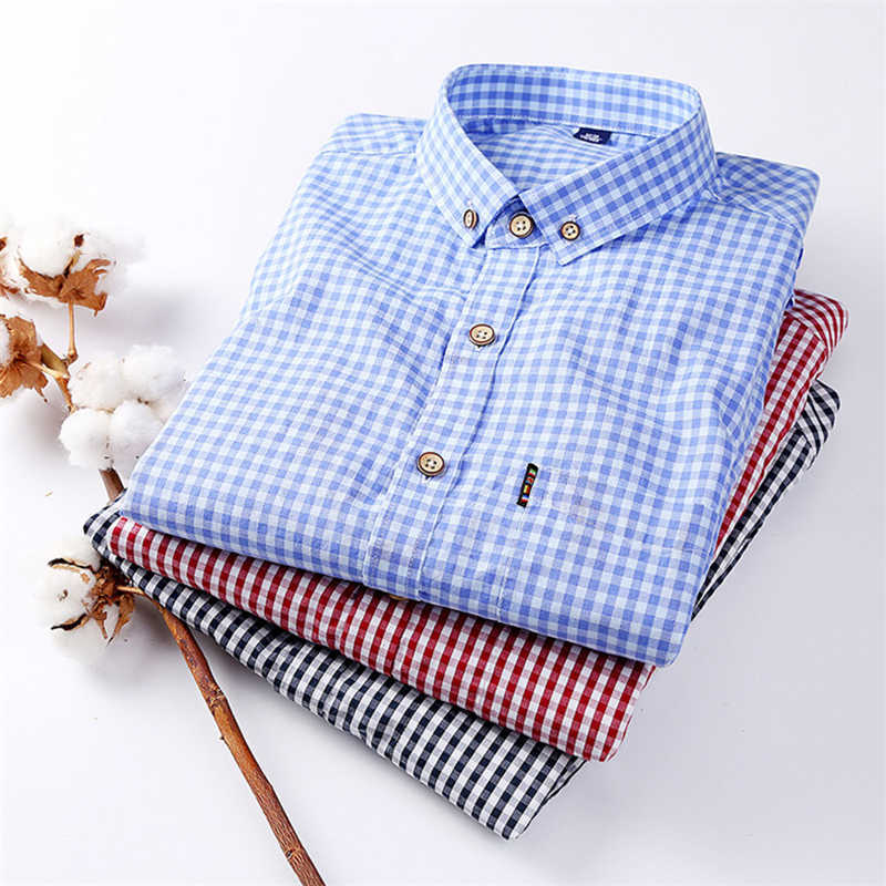 Thin 100% Cotton Plaid Shirts for Men Long Sleeve Regular Fit Checkered Dress shirt Mens Blue Soft Comfortable Male 210708