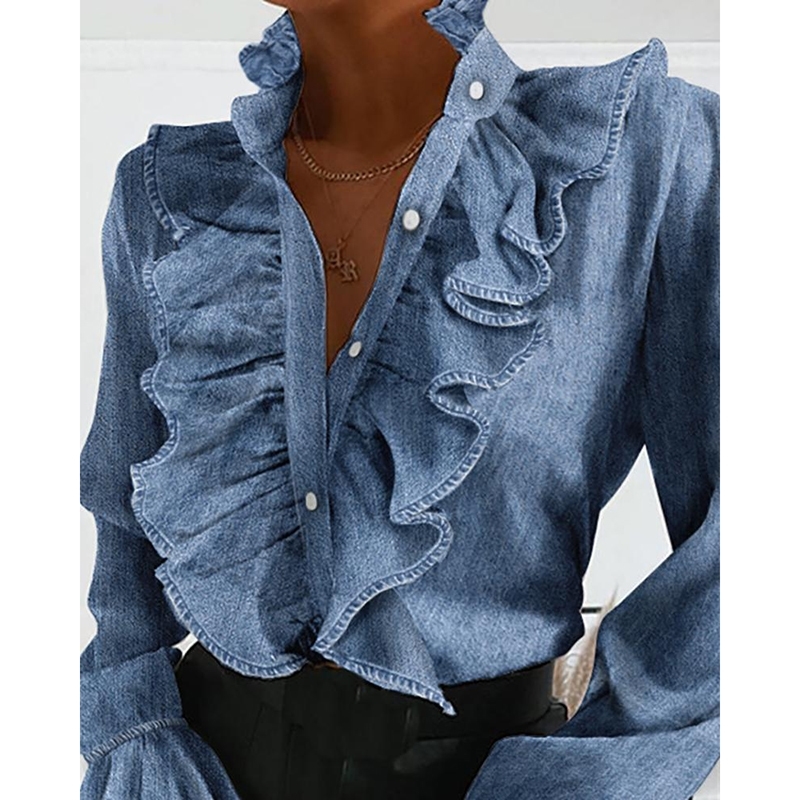 Women Elegant Ruffles Sexy V Neck Buttons Retro Denim Blue Long Sleeve Blouse Shirt Office Lady Spring Casual Slim Tops B2