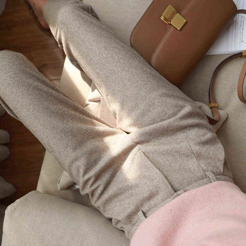 Herringbone Woolen Pants Women's Harem Pencil Autumn Winter High Waisted Casual Suit Office Lady Women Trousers 211129