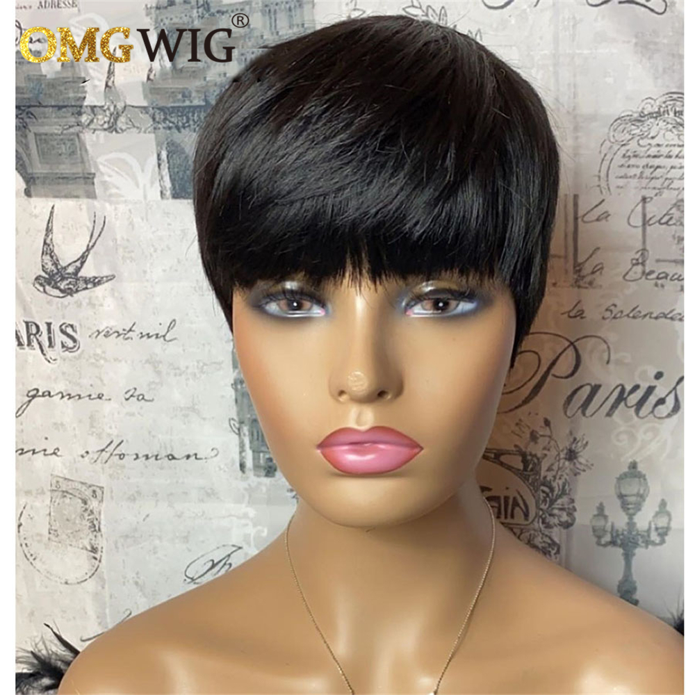 Short Human Hair Wigs Pixie Cut Straight Brazilian Remy Hair none Glueless Full lace front Wig With Bangs Fringe Black/brown Color