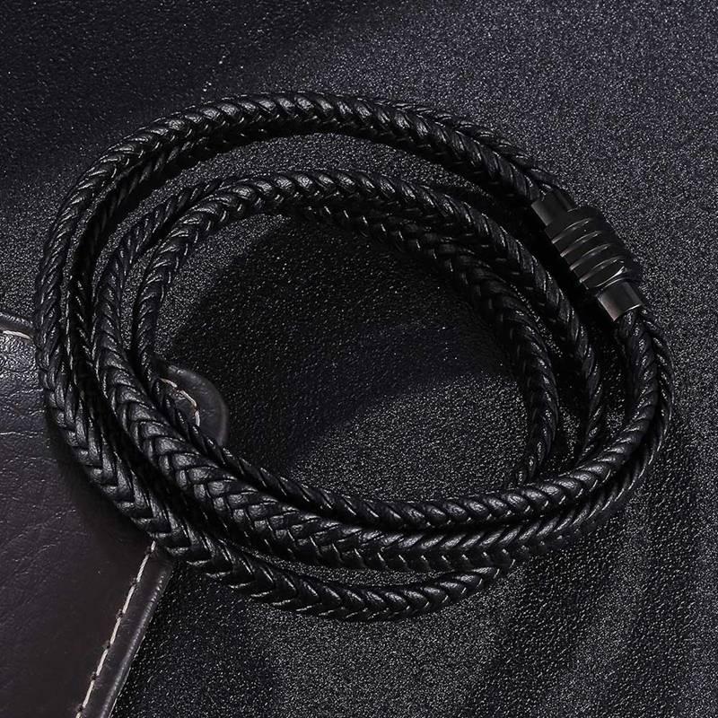 Charm Bracelets Black Multilayer Braided Leather Wrap Bracelet Bangle Men Stainless Steel Male Woven Wristband Jewelry Accessories SP1102