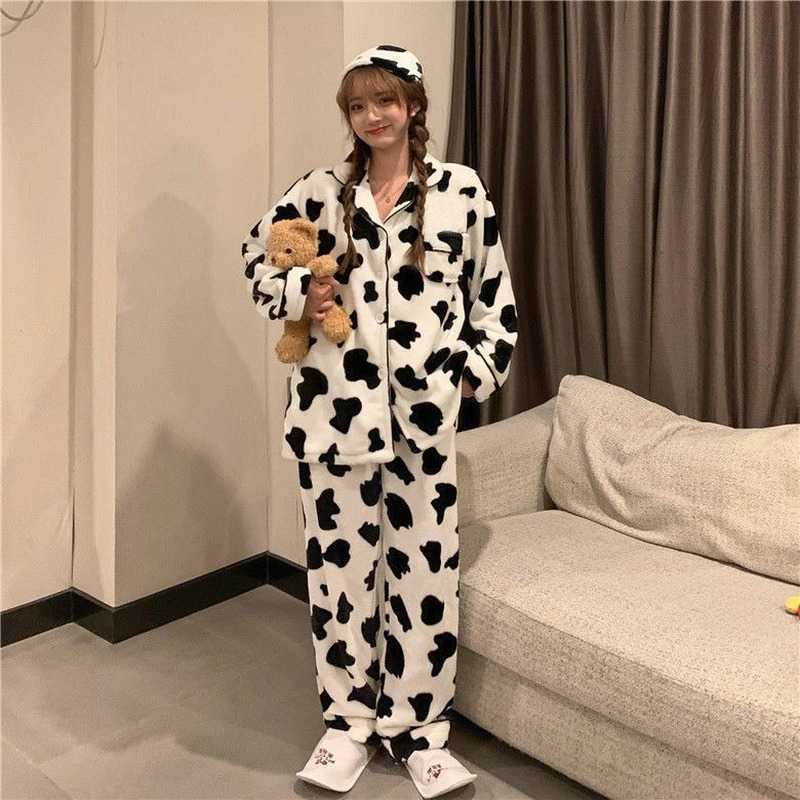 QWEEK Velvet Cow Print Pajama Woman Winter Warm Two Piece Set Sleepwear Pyjama Pour Femme Lounge Wear Trouser Suits thicken 210928