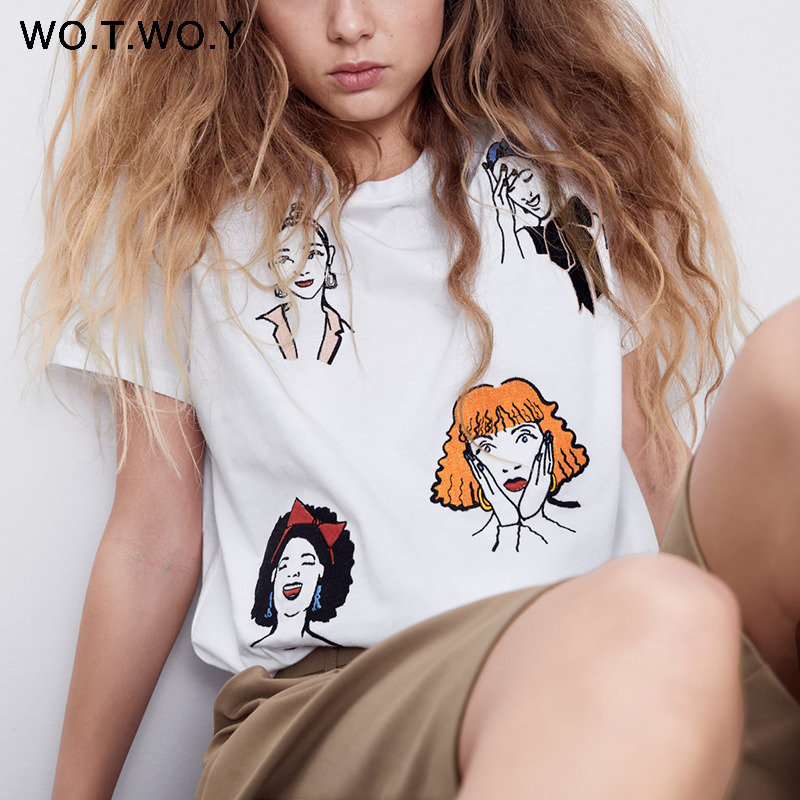 WOTWOY Summer Cute Printed T-shirt Women Knitted Cotton White Tops Tee Shirt Women Casual Short Sleeve Harajuku Tshirts Female 210306