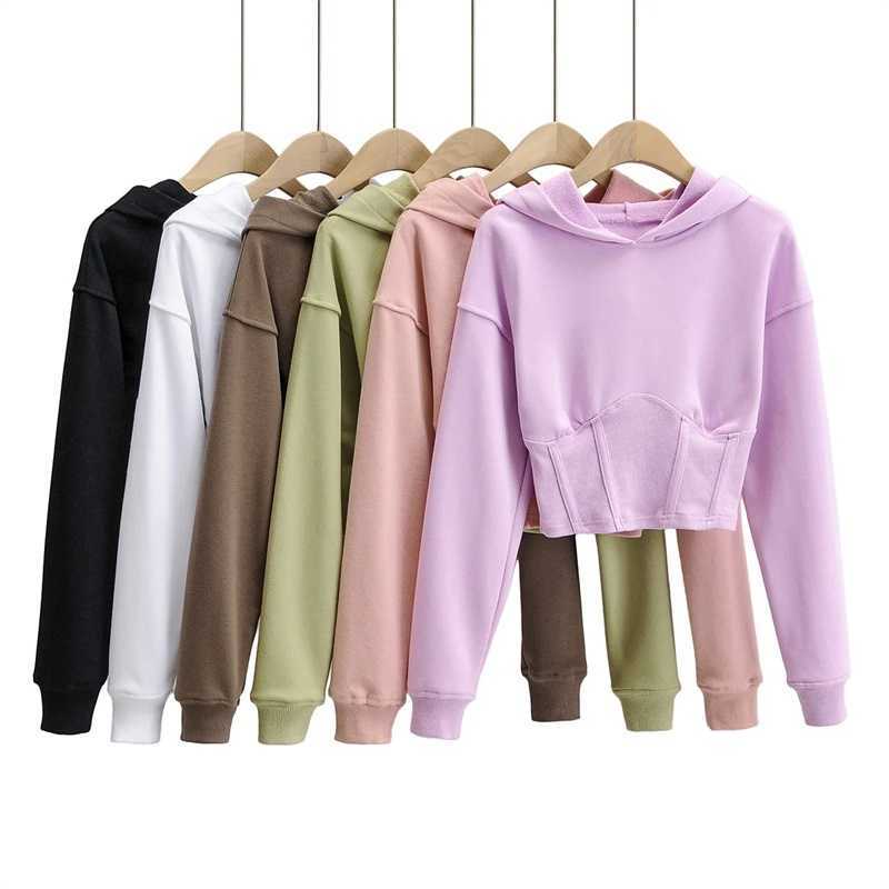 WOMENGAGA Autumn Winter Women Cinched Waist Crop Hoodie Hooded Sweatshirt With Corset Detail X4LA 210603