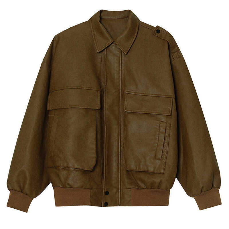 IEFB Men's Autumn Winter Locomotive Leather Waterproof Motorcycle Jacket Black Short Style Zip Up Jackets Lapel 9Y8566 211018