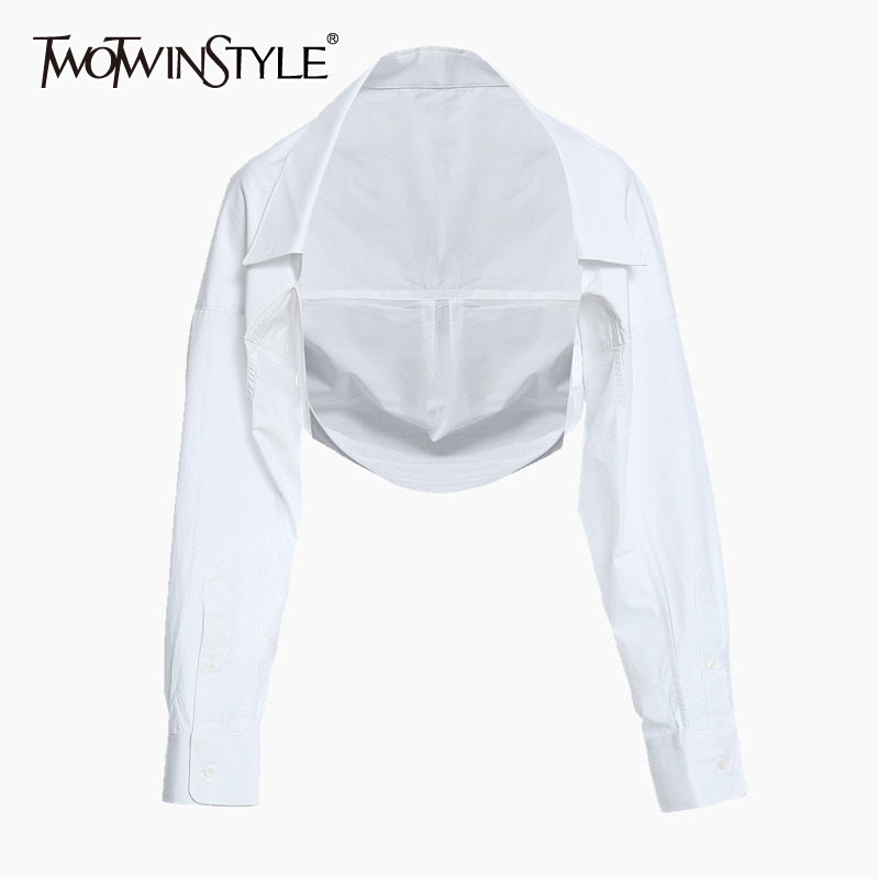 TWOTWINSTYLE Casual White Women Shirt Lapel Long Sleeve Minimalist Irregular Short Blouse Female Summer Fashion New Style 210225