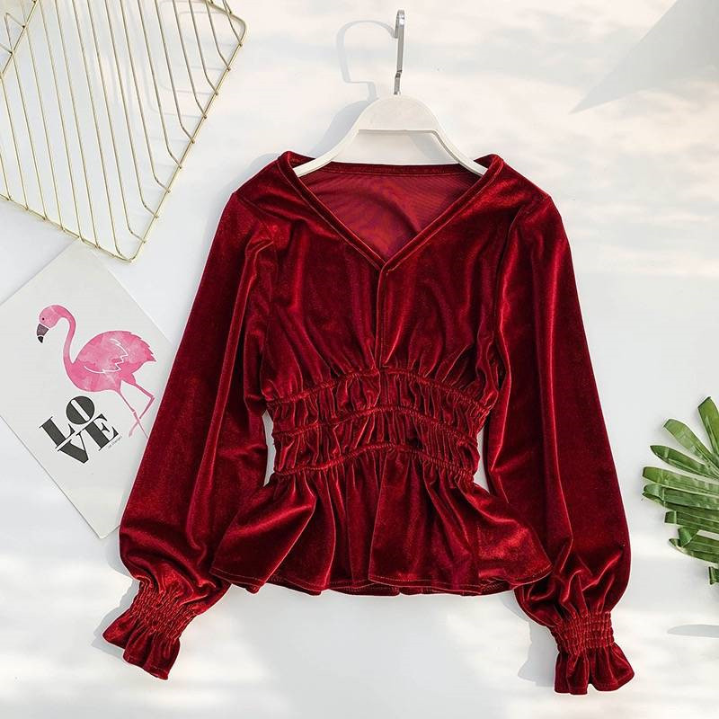 Sexy V-neck Slim Waist Women Tops Fashion Velvet Blouse Spring Long Trumpet Sleeve Ruffle Clubwear Basic Shirts Casual Clothes 210225