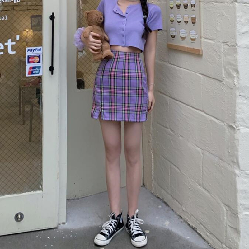 Korean Women Plaid Skirts Harajuku Womens Back Zipper Opening With Two Small Front Slits Mini Skirts Purple 210306