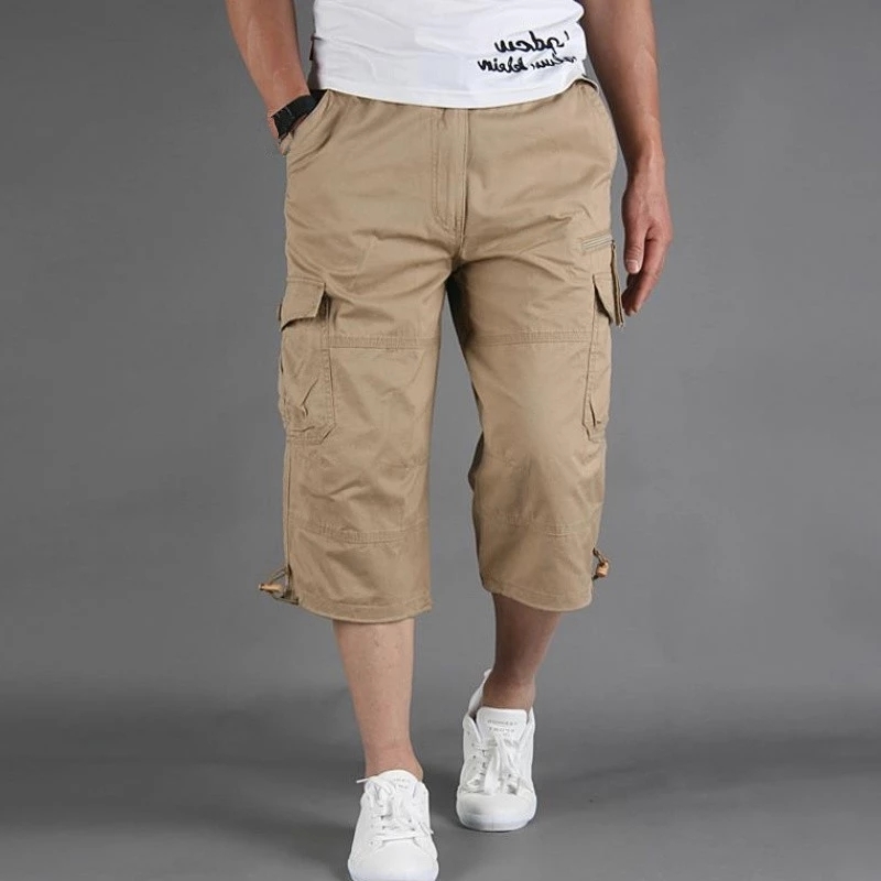 Knee Length Cargo Shorts Men's Summer Casual Cotton Multi Pockets Breeches Cropped Short Trousers Military Camouflage Shorts 210316