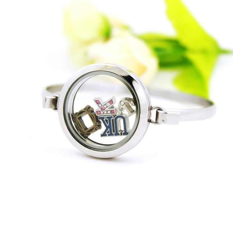 WholesalevDesign cuff 7inch Silver Plain 316L Stainless Steel Floating Locket Bangles Bracelets 30mm
