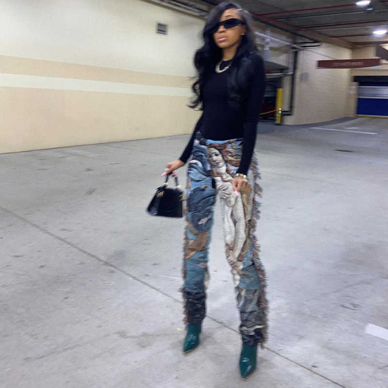 Comic Flower Stripe Statue Printed Street Style Fringed High Waist Straight Leg Casual Jeans Trousers For Female Q0801